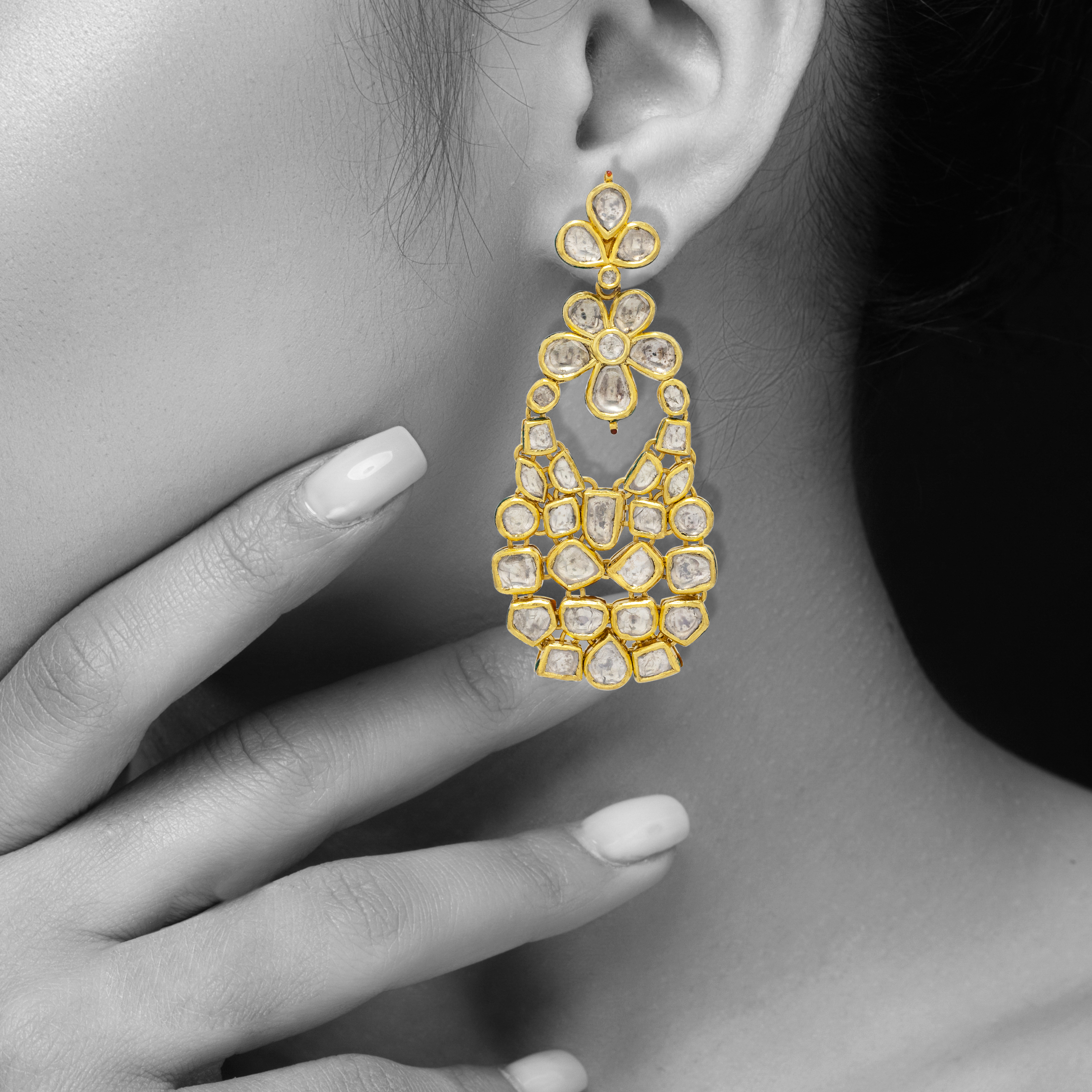 Floral Cascade Earrings with Polki & Gold Detailing